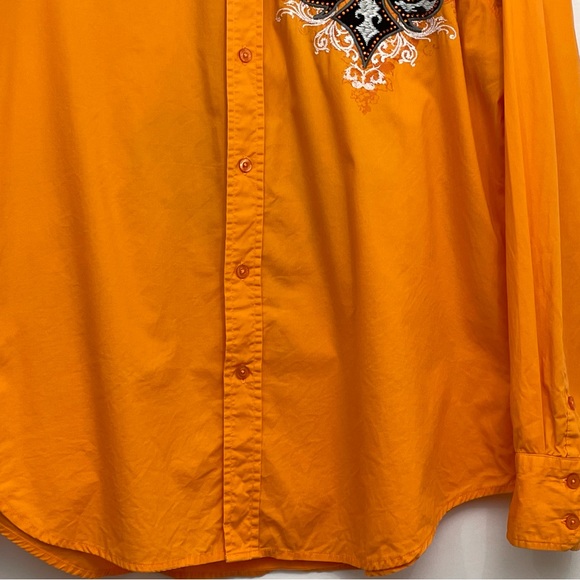 Victorious Mens Button Front Shirt Embroidered XL Fleur de Lis Orange Cotton - Picture 4 of 9